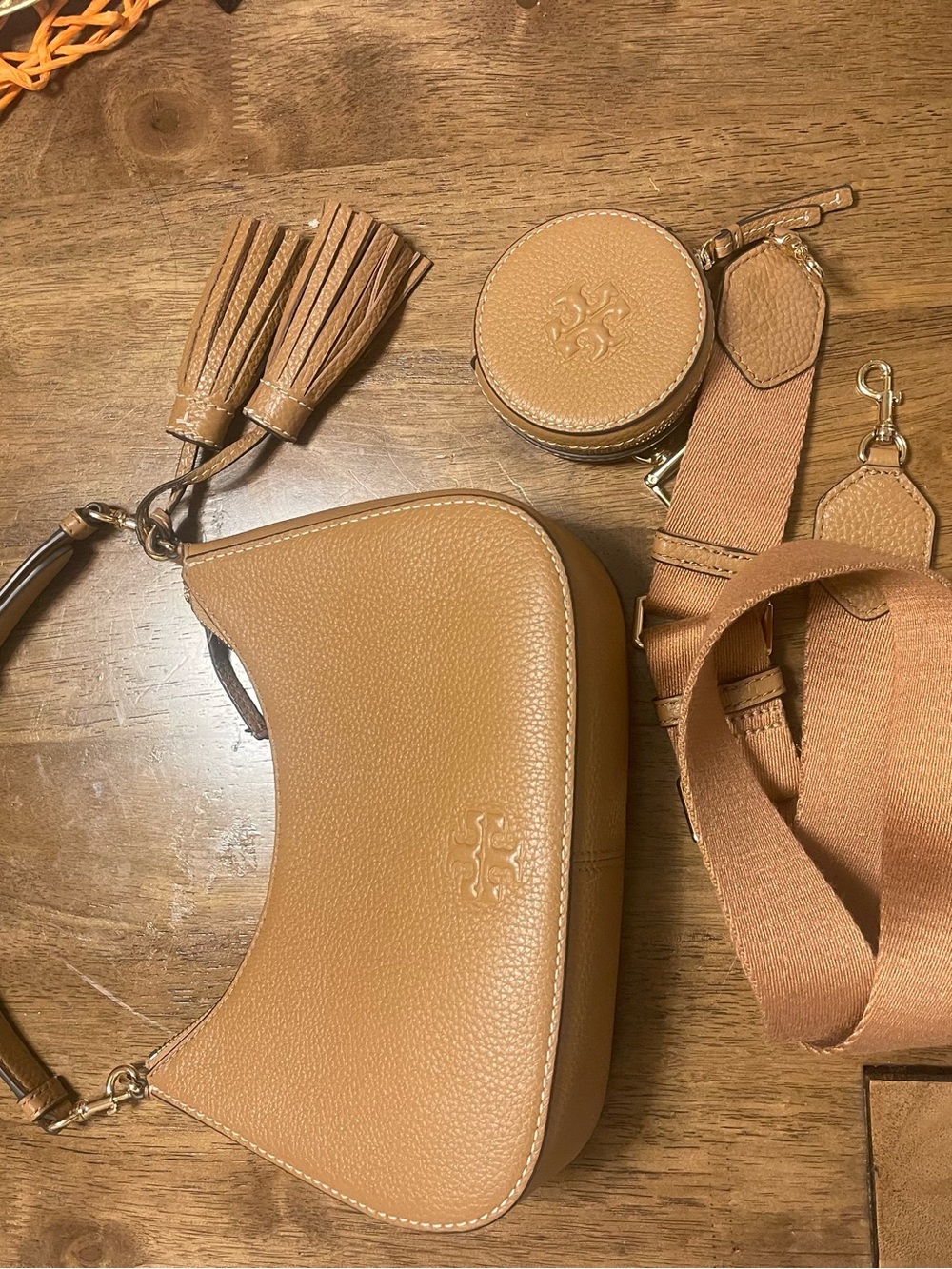 Tory Burch Camel Pebbled Leather Shoulder Bag with Tassel and Coin Pouch